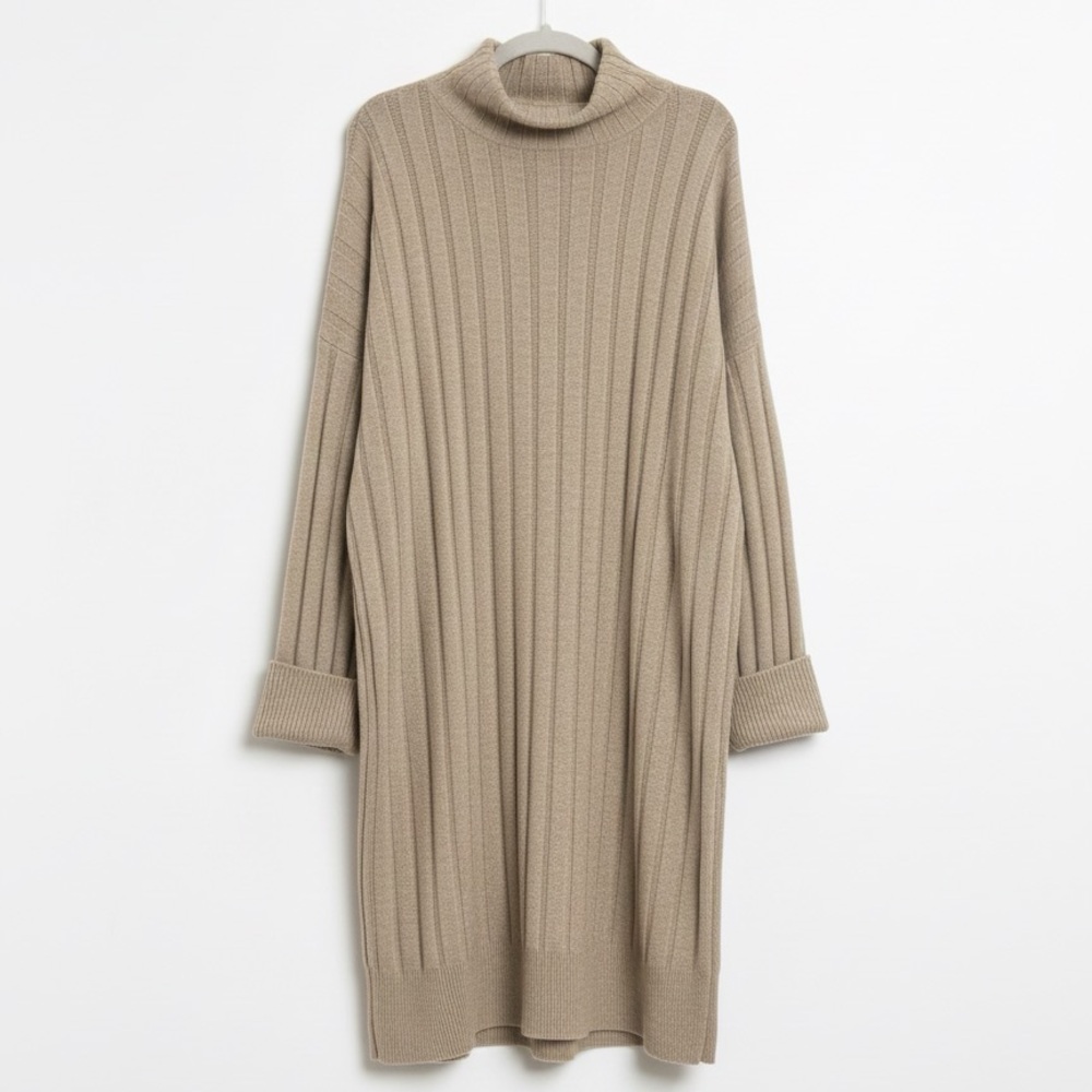 Topshop Boxy Ribbed Funnel Neck Long Sleeve Dress in Neutral